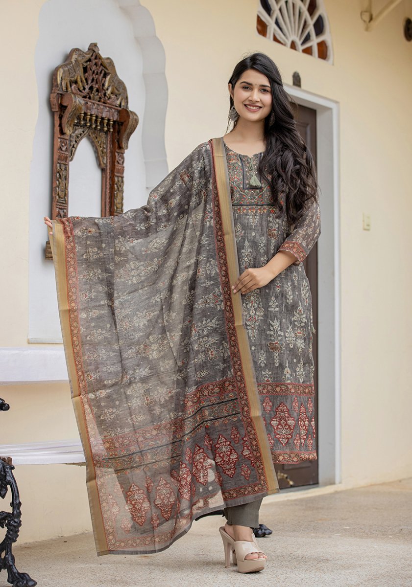 Tranquil Grey - Green Digital Print Chanderi Kurta Pant Set with Dupatta - swadeshsouq.com