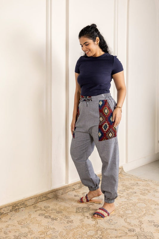 Tribal Geometric Patchwork Joggers - Grey | Yoga Wear | Casual Wear - swadeshsouq.com