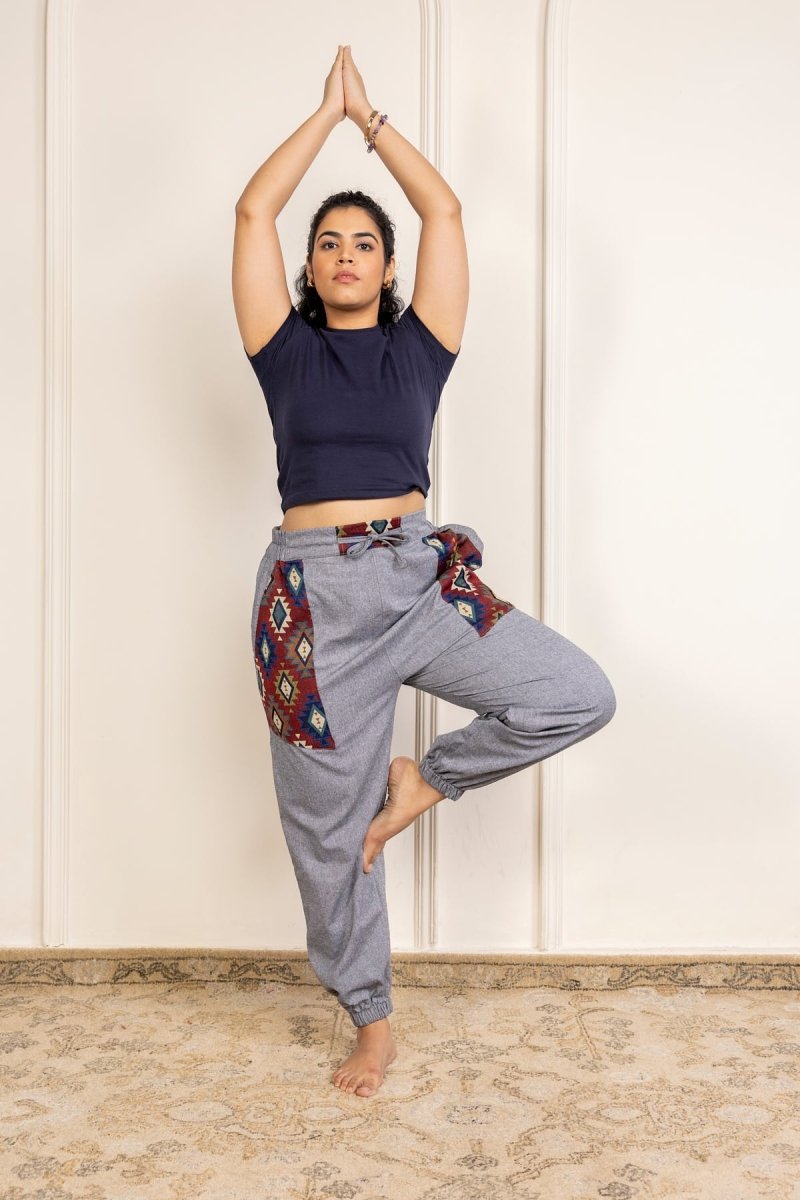 Tribal Geometric Patchwork Joggers - Grey | Yoga Wear | Casual Wear - swadeshsouq.com