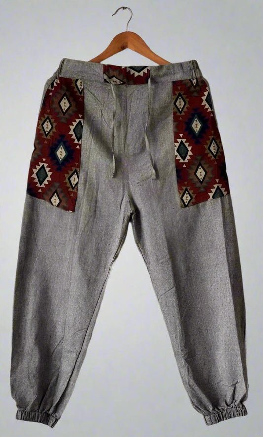 Tribal Geometric Patchwork Joggers - Grey | Yoga Wear | Casual Wear - swadeshsouq.com