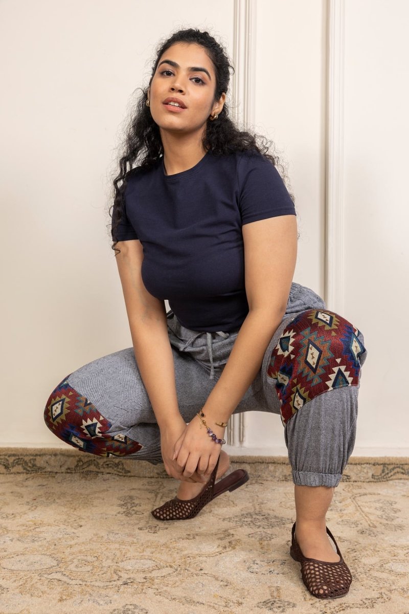 Tribal Patchwork Joggers - Ash Grey | Yoga Wear - swadeshsouq.com