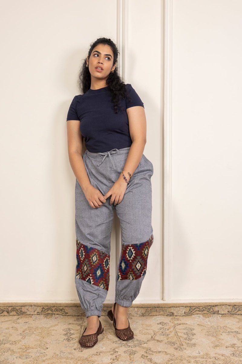 Tribal Patchwork Joggers - Ash Grey | Yoga Wear - swadeshsouq.com