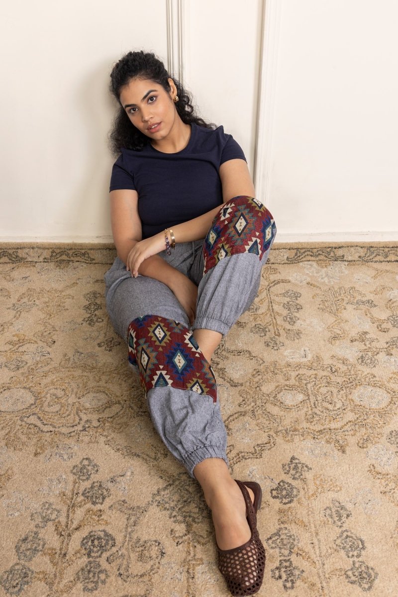 Tribal Patchwork Joggers - Ash Grey | Yoga Wear - swadeshsouq.com