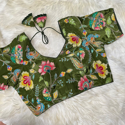 "Verdant Blossom" Viscose Crepe Embroidered Blouse - swadeshsouq.com