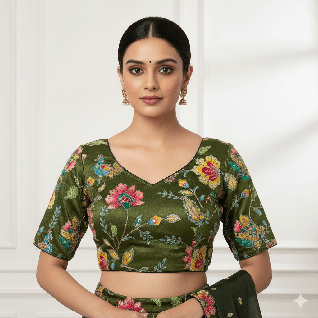 "Verdant Blossom" Viscose Crepe Embroidered Blouse - swadeshsouq.com