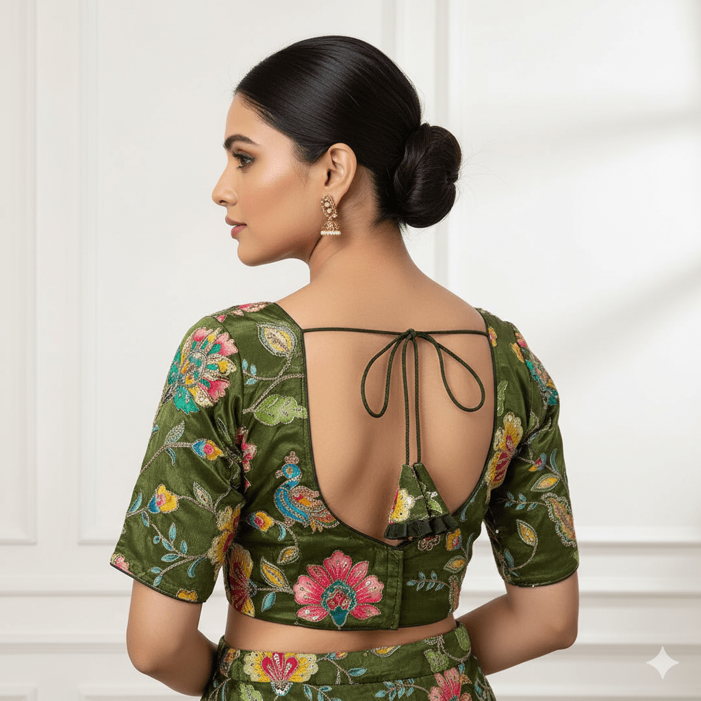 "Verdant Blossom" Viscose Crepe Embroidered Blouse - swadeshsouq.com