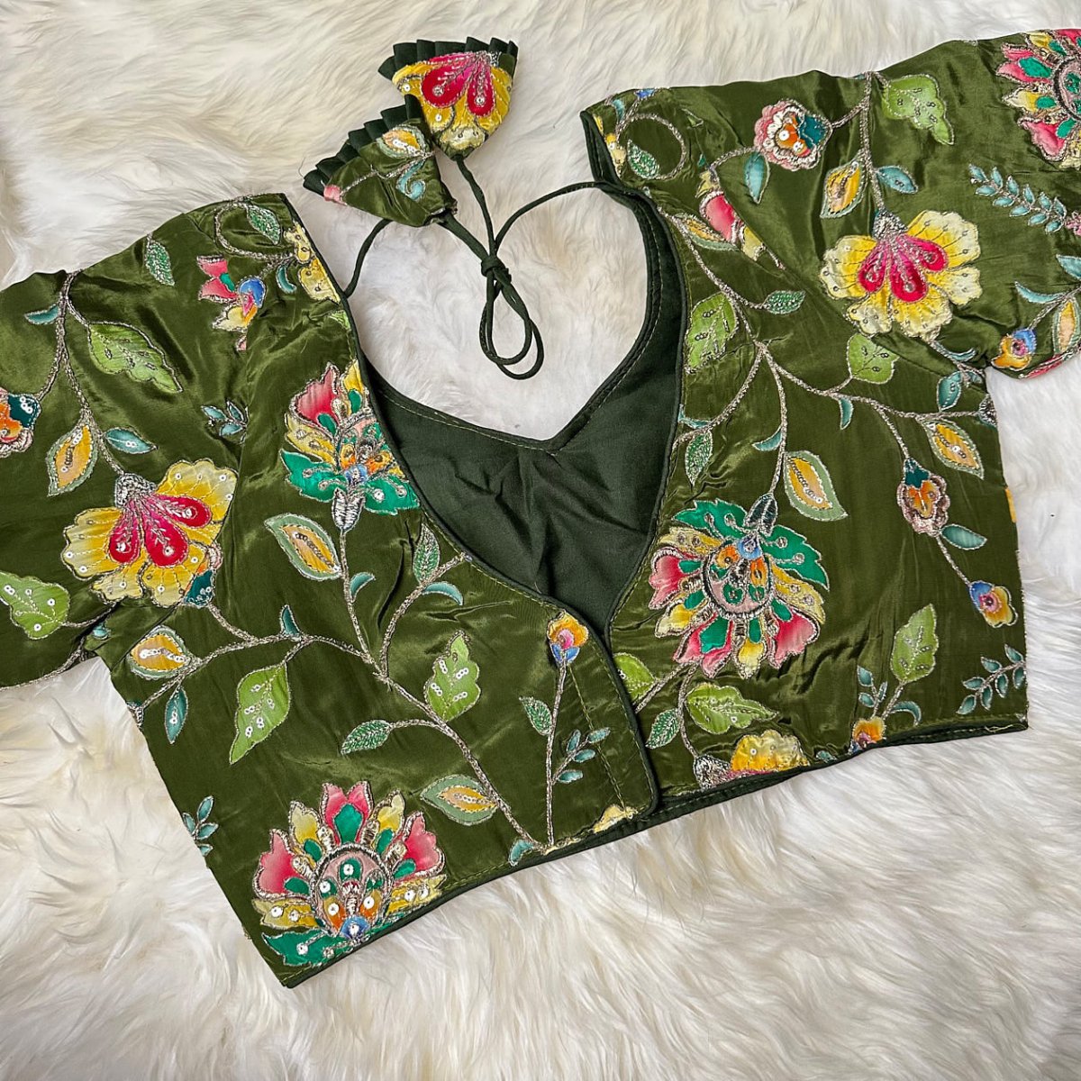 "Verdant Blossom" Viscose Crepe Embroidered Blouse - swadeshsouq.com