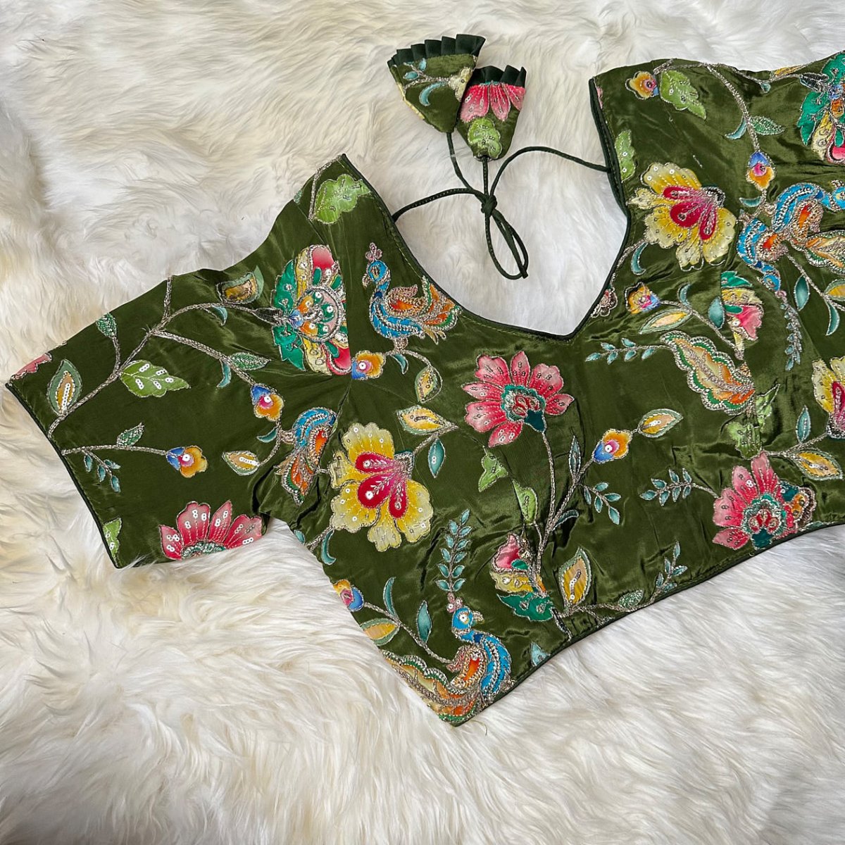 "Verdant Blossom" Viscose Crepe Embroidered Blouse - swadeshsouq.com