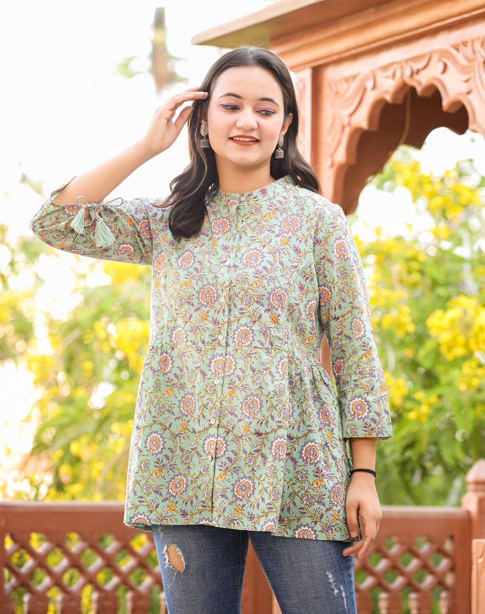 Verdant Harmony Green Printed Cotton Top - swadeshsouq.com