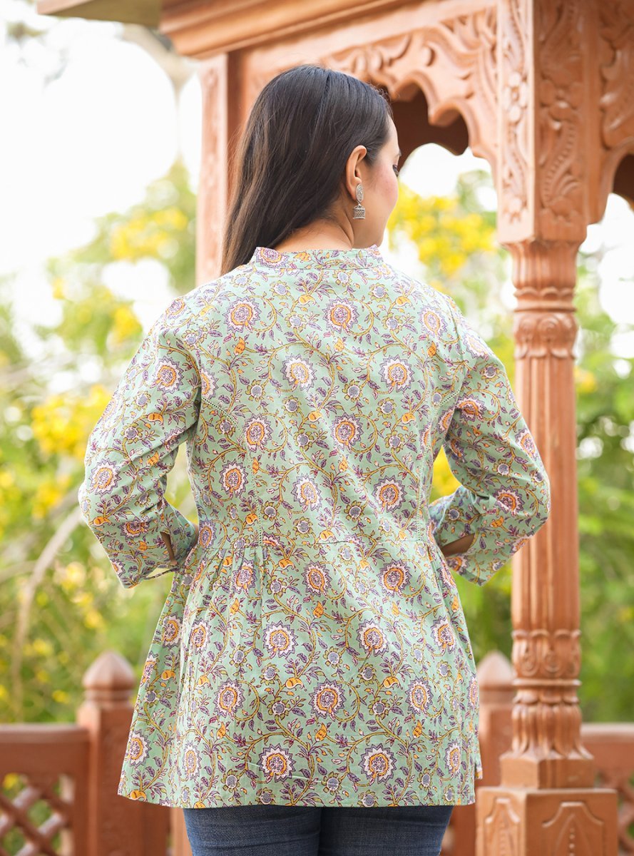 Verdant Harmony Green Printed Cotton Top - swadeshsouq.com