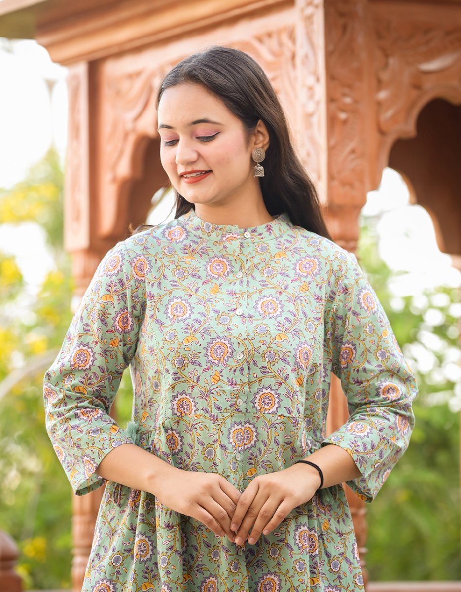 Verdant Harmony Green Printed Cotton Top - swadeshsouq.com