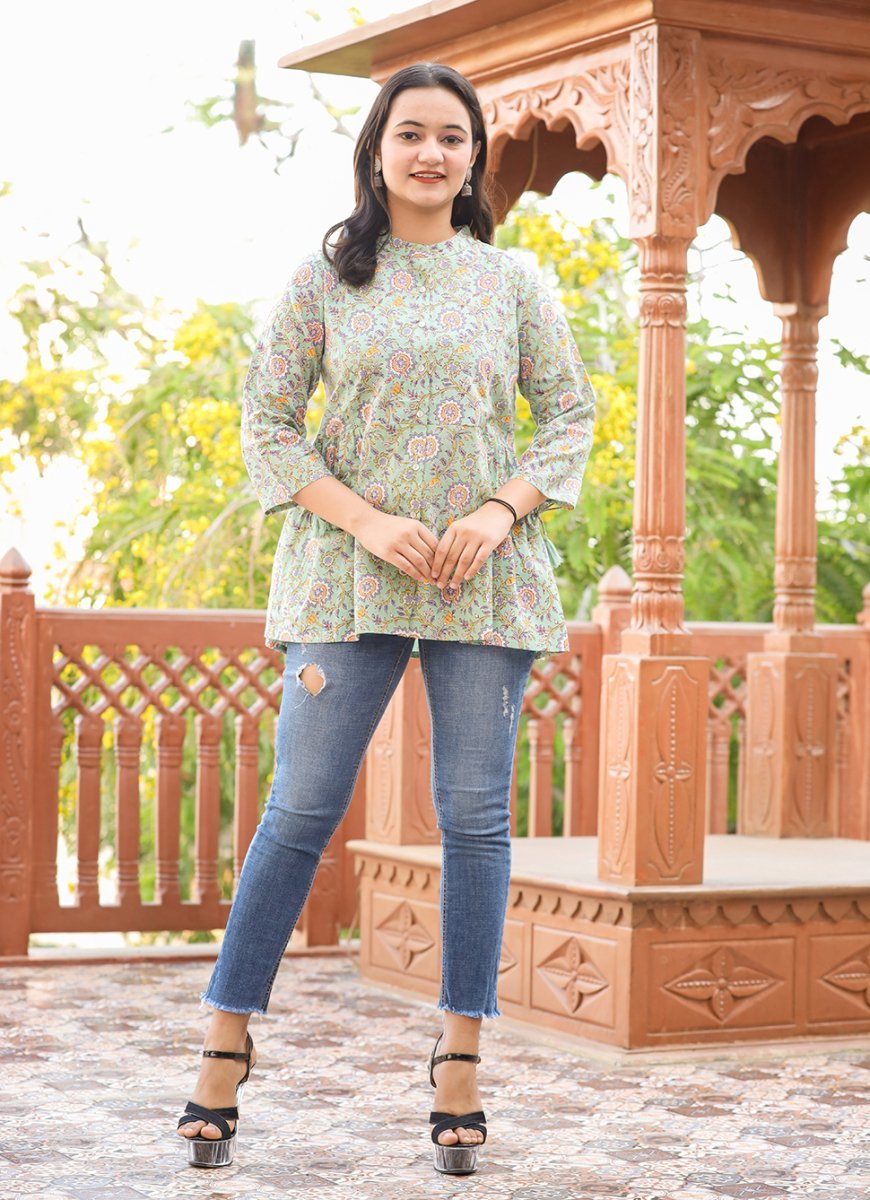 Verdant Harmony Green Printed Cotton Top - swadeshsouq.com