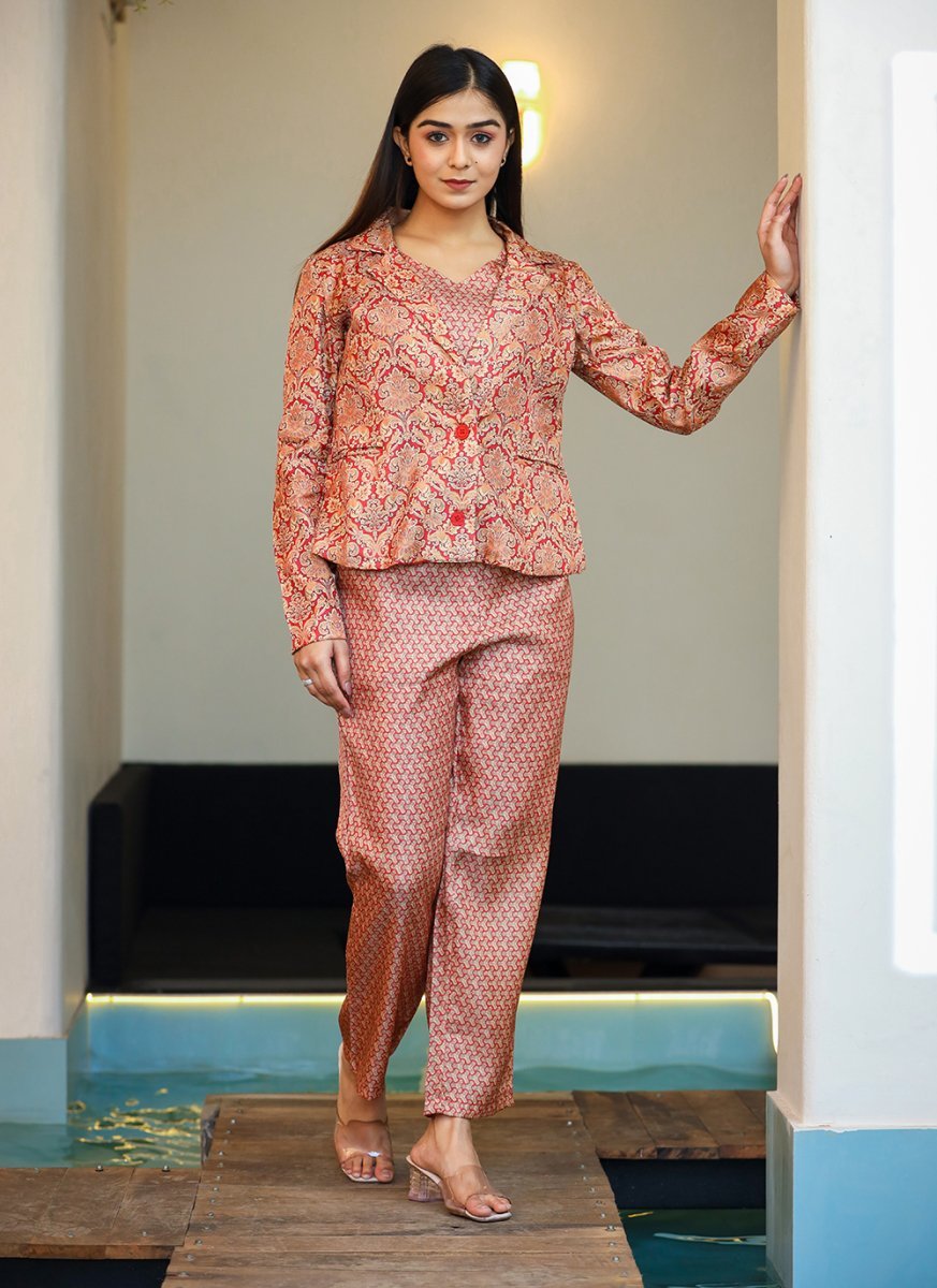 Vibrant Gold Orange Printed Three - Piece Blazer Co - Ord Set - swadeshsouq.com