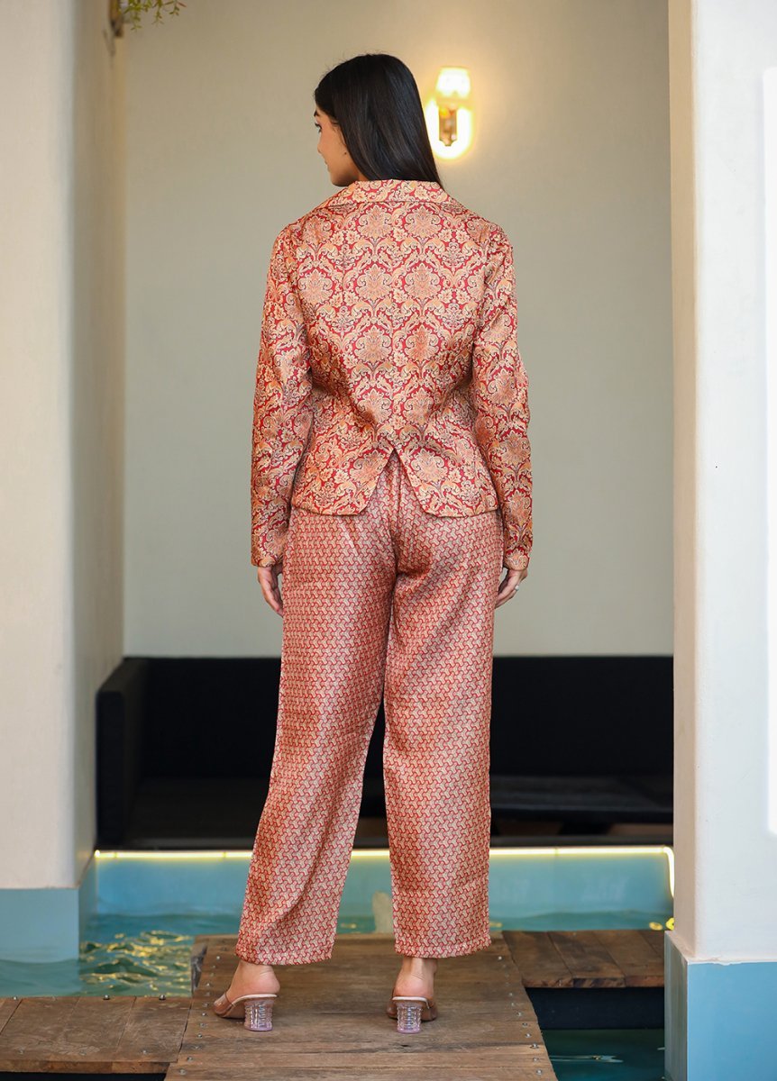 Vibrant Gold Orange Printed Three - Piece Blazer Co - Ord Set - swadeshsouq.com