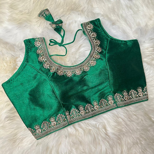 Vibrant Green Silk Blouse with Exquisite Embroidery – Fits 32 to 38 - swadeshsouq.com