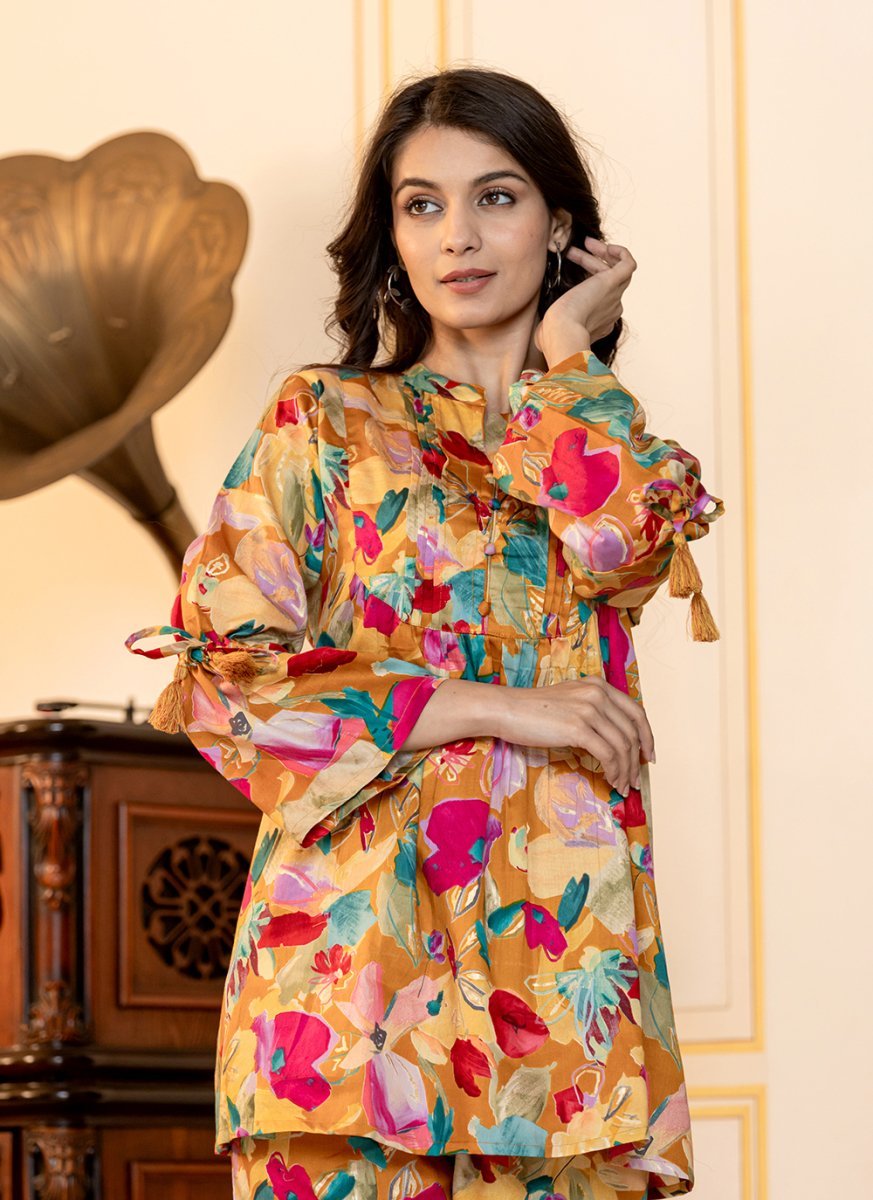 Vibrant Multi - Color Floral Printed Butter Cotton Co - Ord Set - swadeshsouq.com