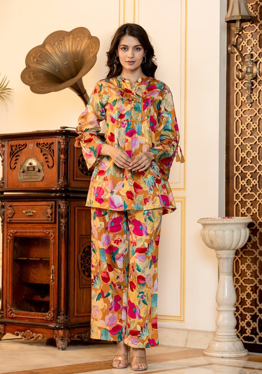 Vibrant Multi - Color Floral Printed Butter Cotton Co - Ord Set - swadeshsouq.com