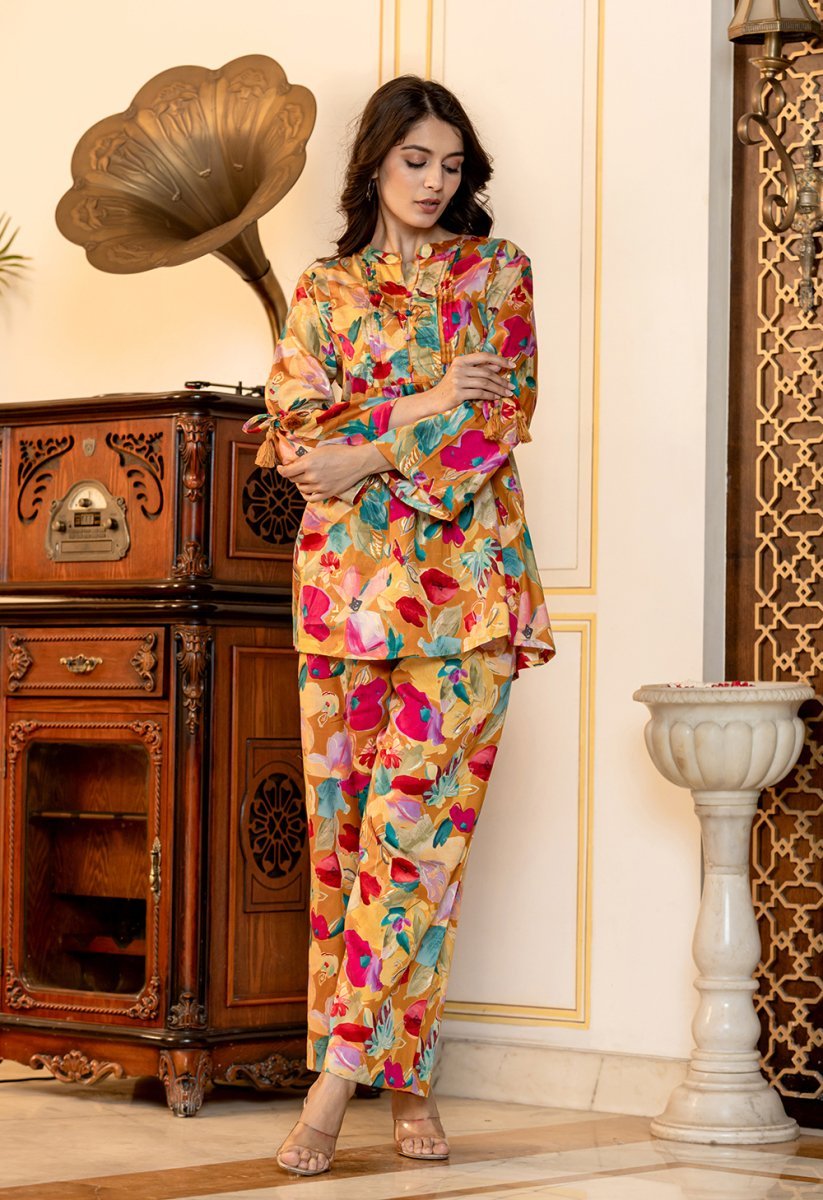 Vibrant Multi - Color Floral Printed Butter Cotton Co - Ord Set - swadeshsouq.com