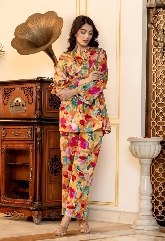 Vibrant Multi - Color Floral Printed Butter Cotton Co - Ord Set - swadeshsouq.com