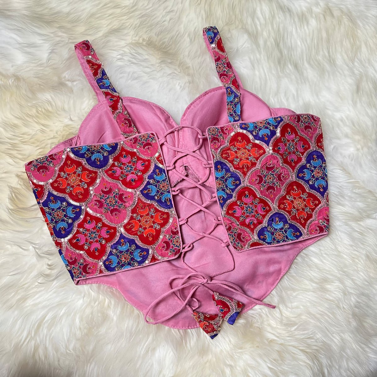 Vibrant Multi - Coloured Viscose Crepe Blouse with Sequin Embroidery & Stylish Back Lacing - swadeshsouq.com