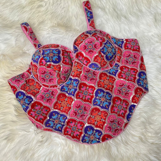 Vibrant Multi - Coloured Viscose Crepe Blouse with Sequin Embroidery & Stylish Back Lacing - swadeshsouq.com