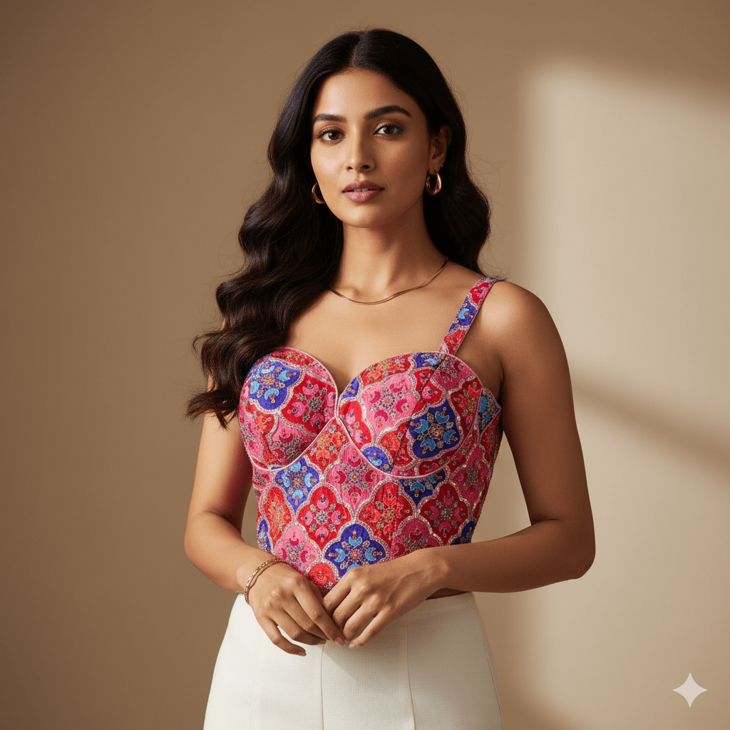 Vibrant Multi - Coloured Viscose Crepe Blouse with Sequin Embroidery & Stylish Back Lacing - swadeshsouq.com