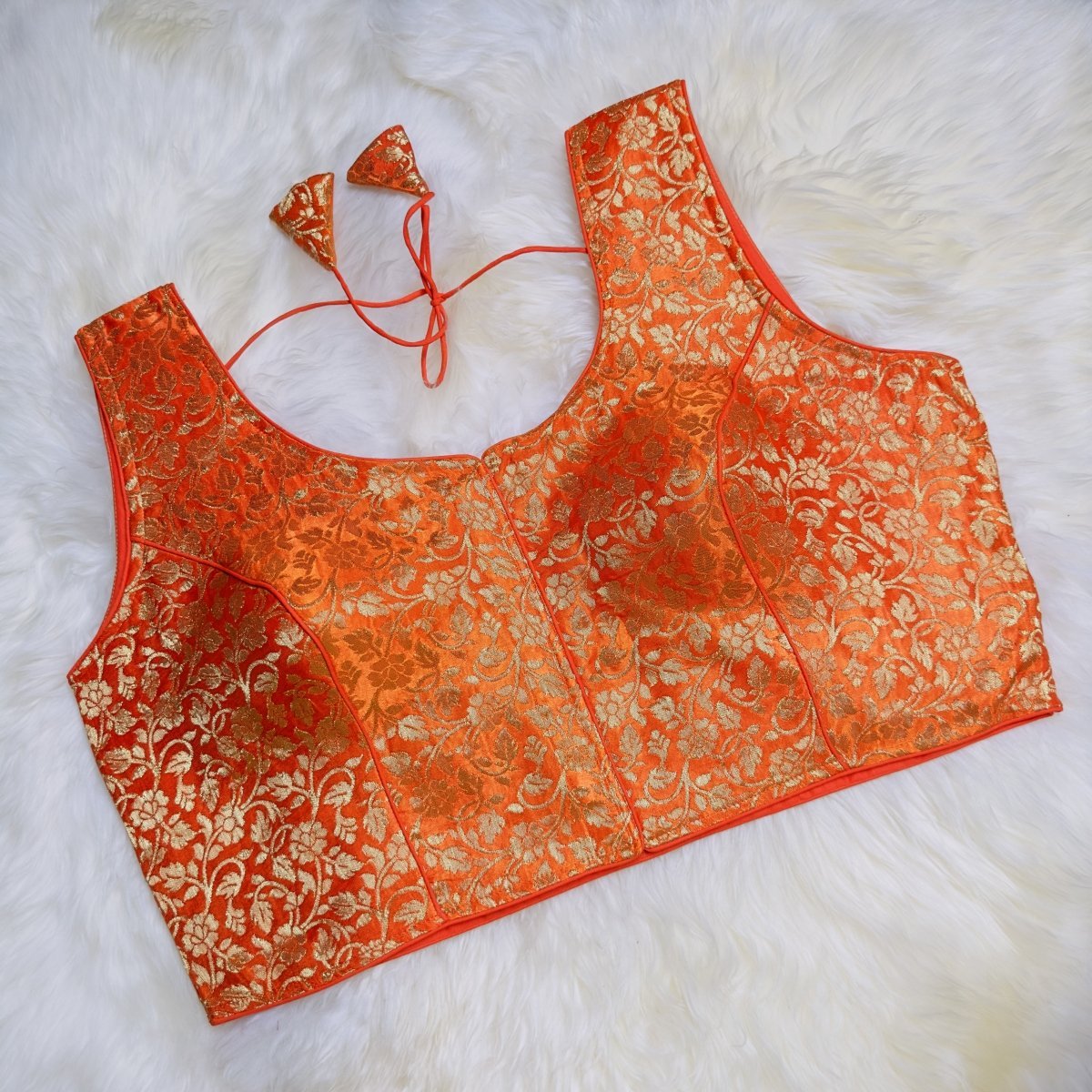 Vibrant Orange Brocade Silk Blouse - Radiant Festive Glamour - swadeshsouq.com