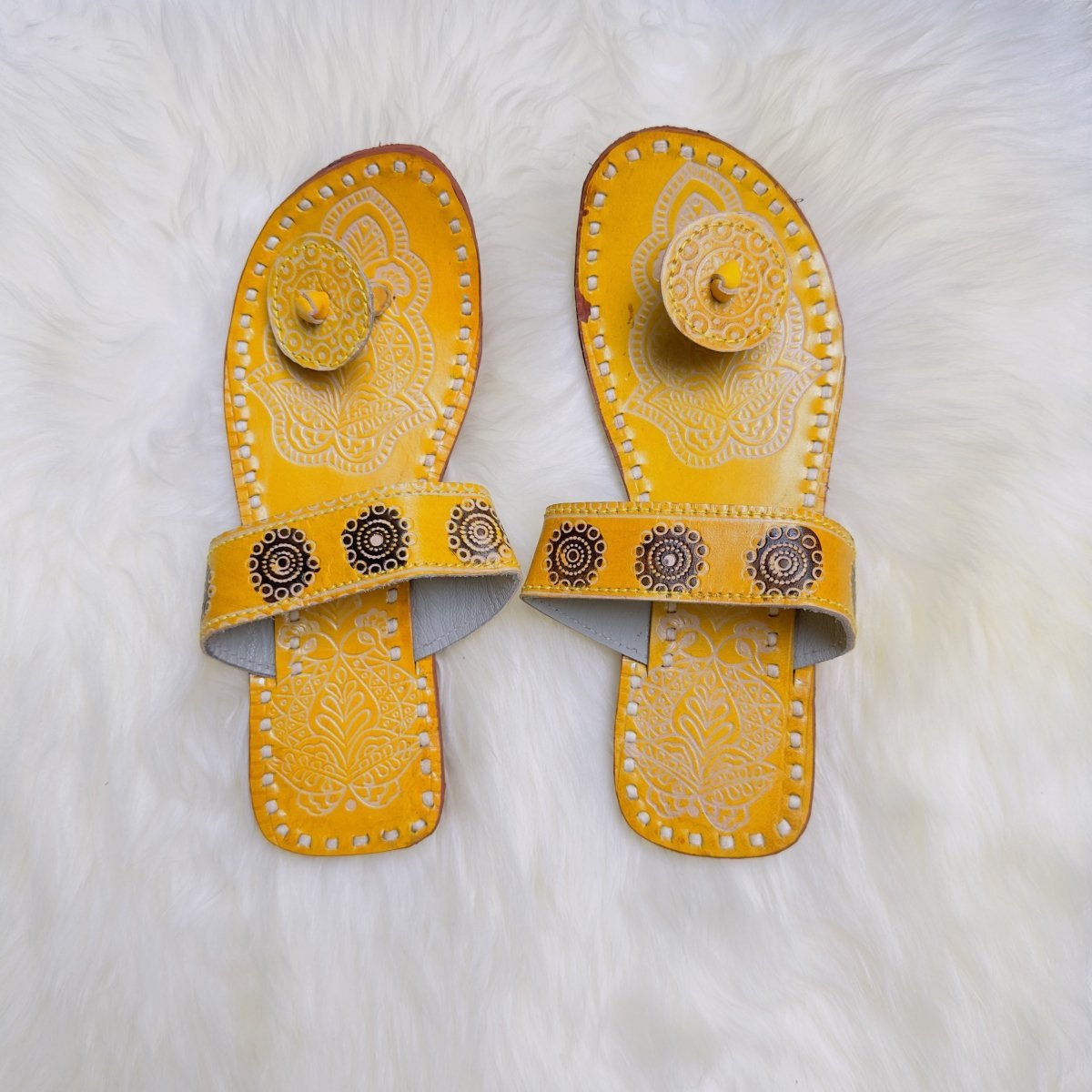 Vibrant Yellow Handcrafted Kolhapuri Sandals – Traditional Elegance Reimagined - swadeshsouq.com