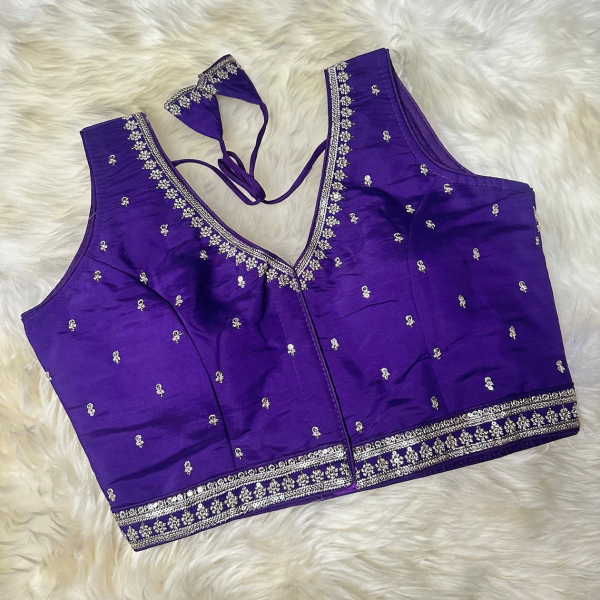 Violet Silk Blouse with Intricate Neck & Waist Embroidery and Designer Back (Size 32–40) - swadeshsouq.com