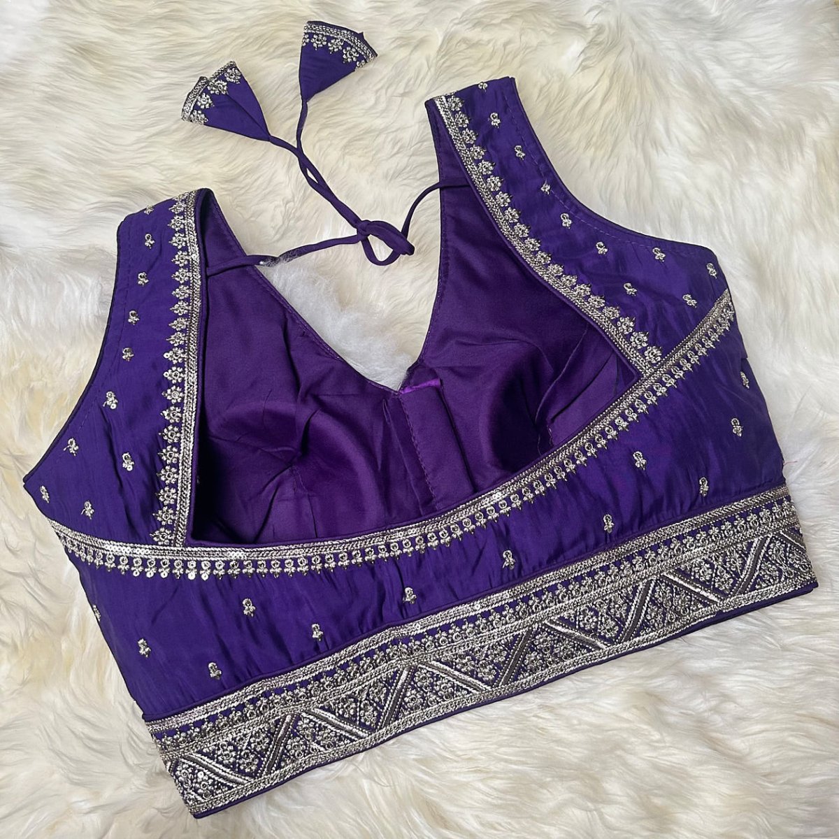 Violet Silk Blouse with Intricate Neck & Waist Embroidery and Designer Back (Size 32–40) - swadeshsouq.com