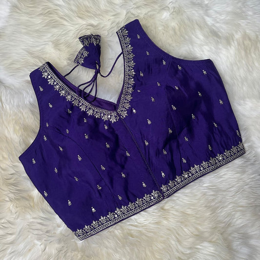 Violet Silk Blouse with Sequins Embellishments, Triangle Back Neck & Waist Detailing (Size 32–40) - swadeshsouq.com