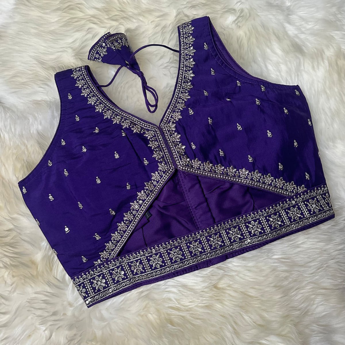 Violet Silk Blouse with Sequins Embellishments, Triangle Back Neck & Waist Detailing (Size 32–40) - swadeshsouq.com