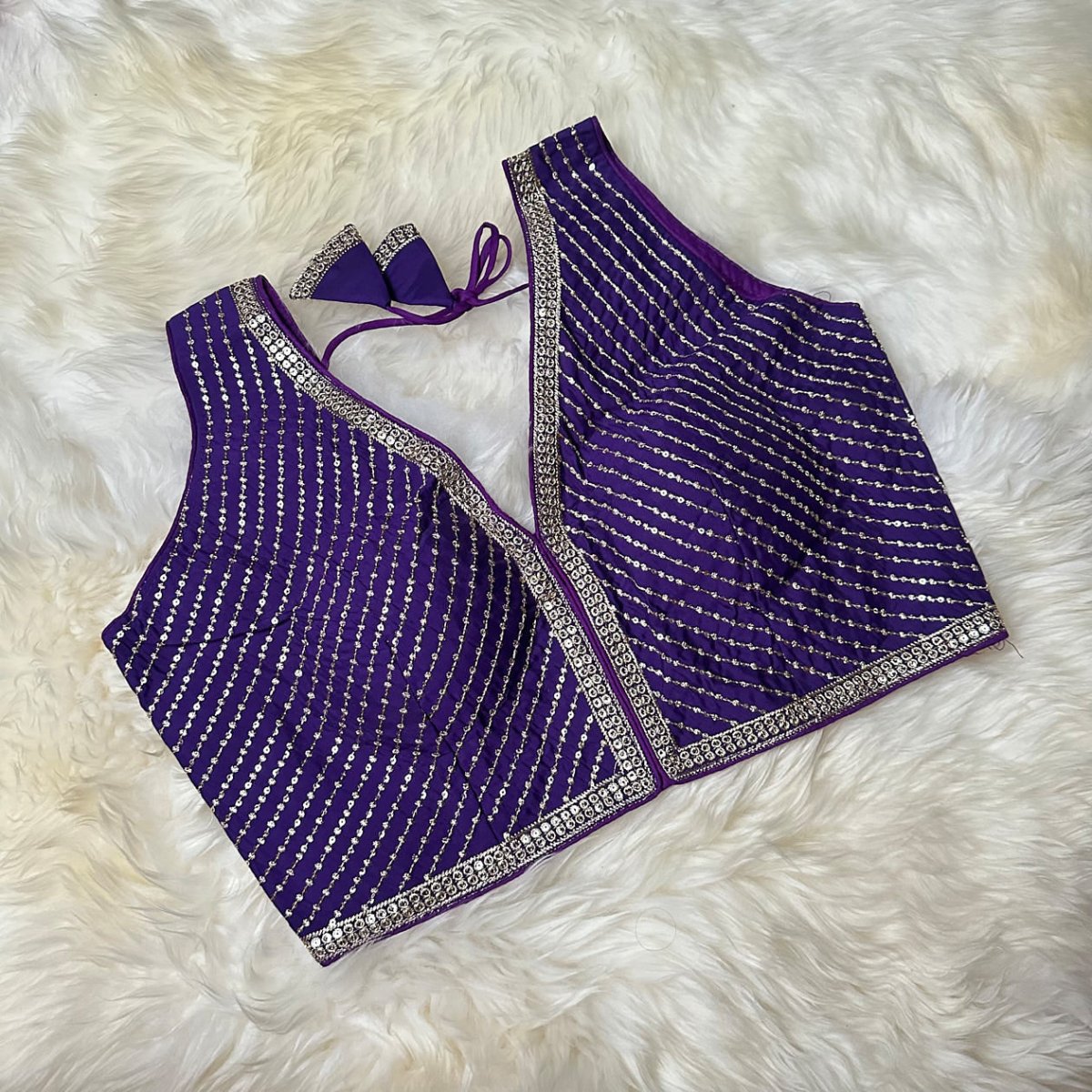 Violet Silk Blouse with Stunning Sequin Detailing – Adjustable Fit (32 to 38) - swadeshsouq.com