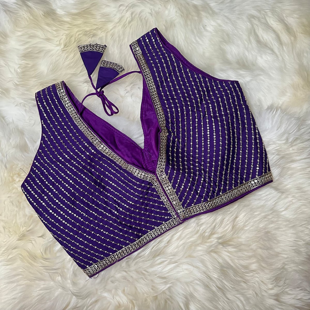 Violet Silk Blouse with Stunning Sequin Detailing – Adjustable Fit (32 to 38) - swadeshsouq.com