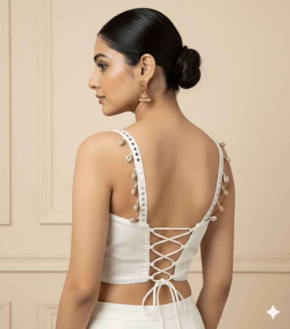 White Cotton Sleeveless Blouse with Shell & Mirror Lace Straps | Revealing Back with Lacing (Fits 32–40) - swadeshsouq.com