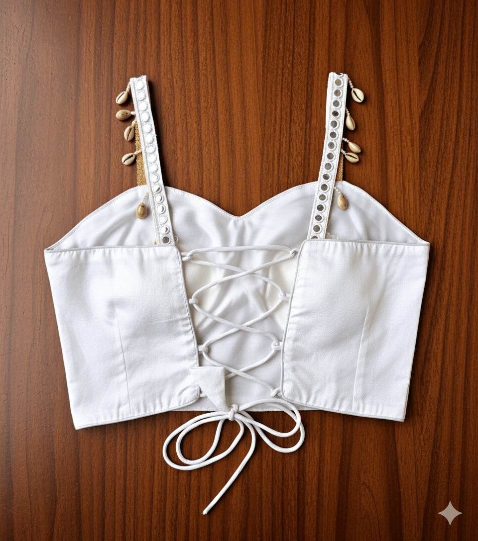 White Cotton Sleeveless Blouse with Shell & Mirror Lace Straps | Revealing Back with Lacing (Fits 32–40) - swadeshsouq.com