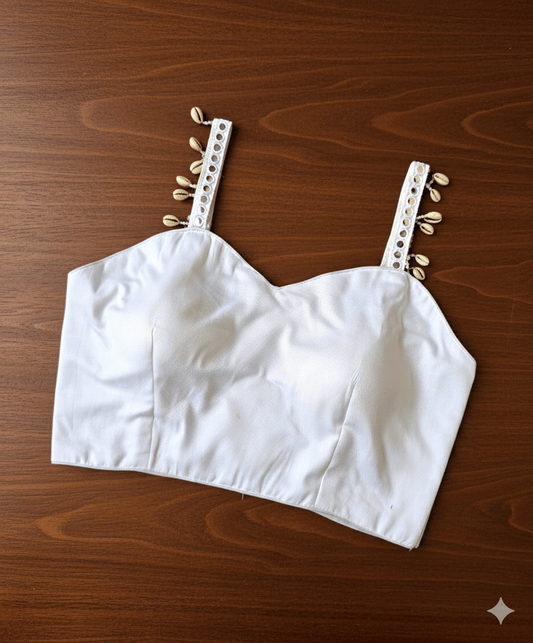 White Cotton Sleeveless Blouse with Shell & Mirror Lace Straps | Revealing Back with Lacing (Fits 32–40) - swadeshsouq.com