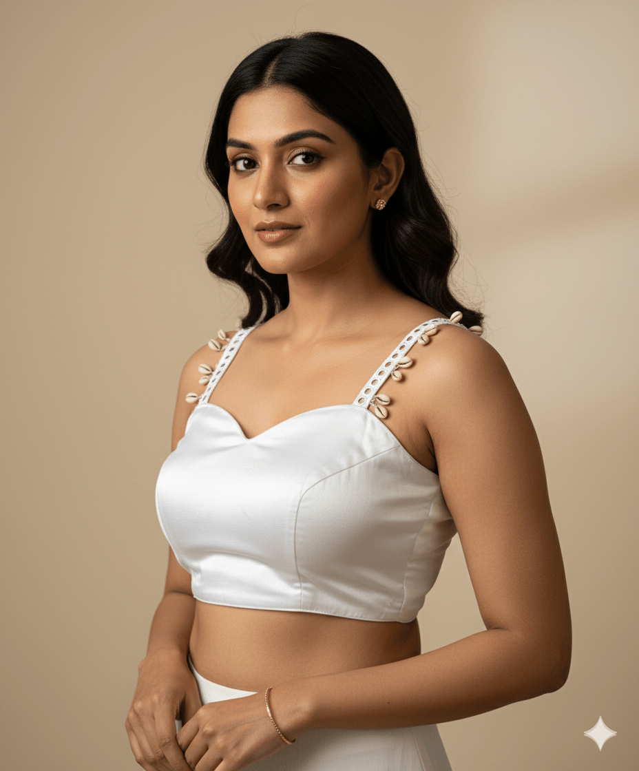 White Cotton Sleeveless Blouse with Shell & Mirror Lace Straps | Revealing Back with Lacing (Fits 32–40) - swadeshsouq.com
