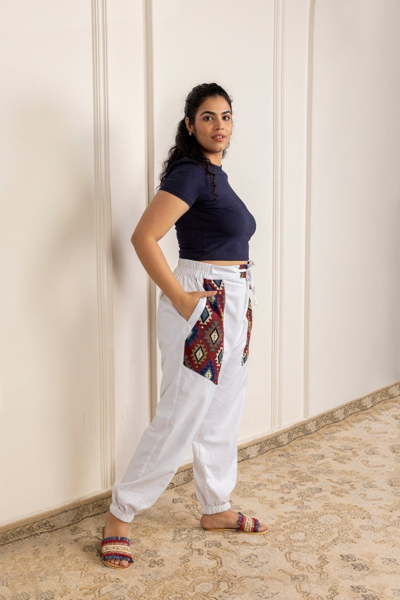 White Pure Cotton Pyjamas with Beautiful Patchwork – Free Size, Regular Fit Lounge Wear - swadeshsouq.com