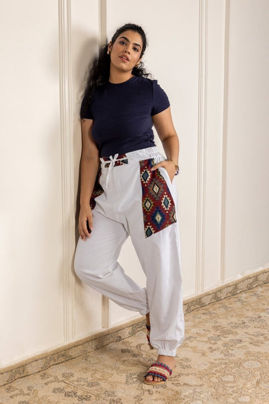 White Pure Cotton Pyjamas with Beautiful Patchwork – Free Size, Regular Fit Lounge Wear - swadeshsouq.com