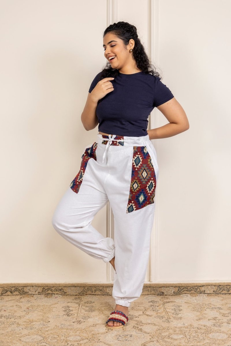 White Pure Cotton Pyjamas with Beautiful Patchwork – Free Size, Regular Fit Lounge Wear - swadeshsouq.com