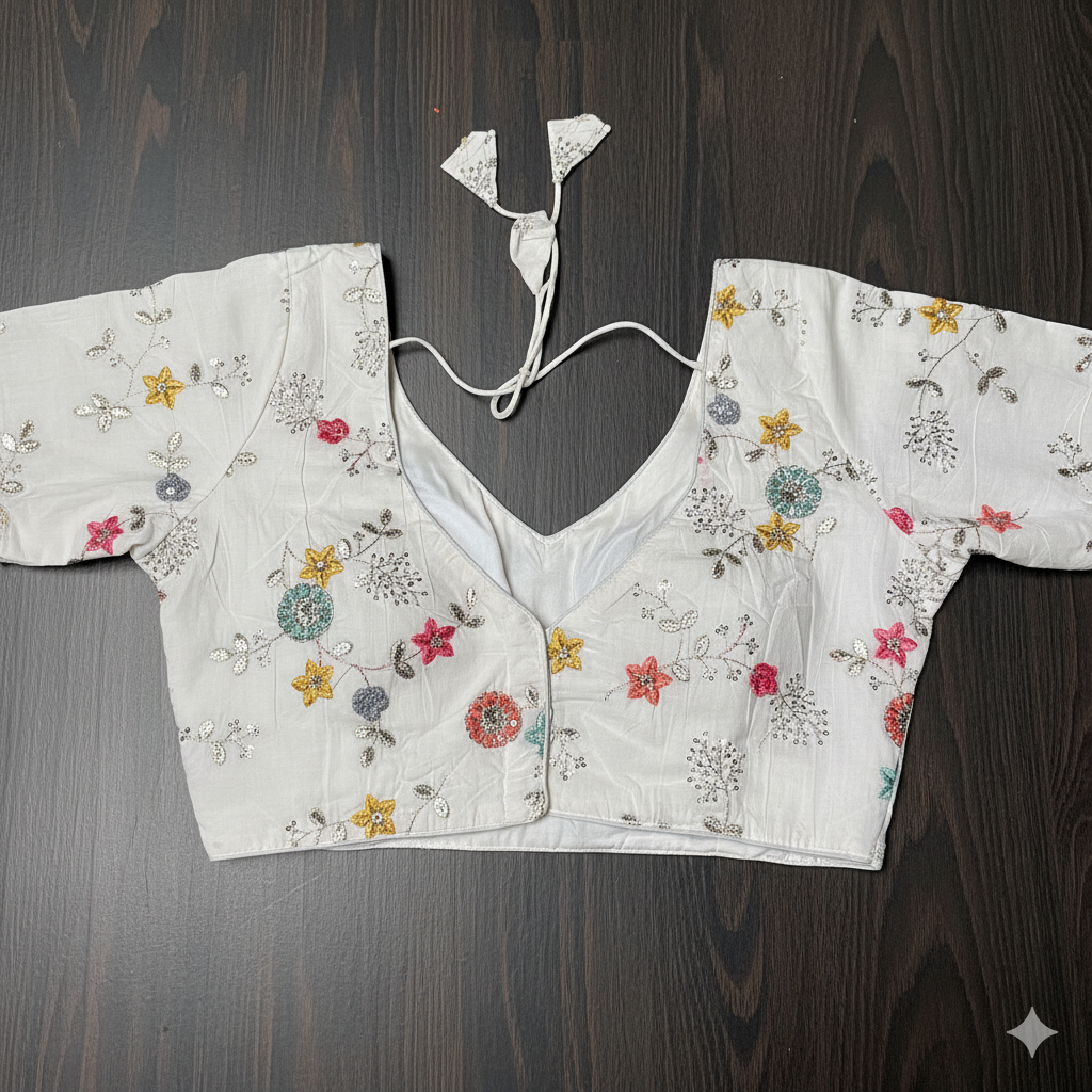 Ivory Khadi Cotton Blouse with All-Over Embroidery & Sequins Work | Full-Length Sleeves (Fits 32–40)