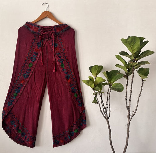 Embroidered Deep Pink Wrap Palazzo Pants for Women | Viscose Rayon  Wide-Leg with Artistic Floral Embroidery