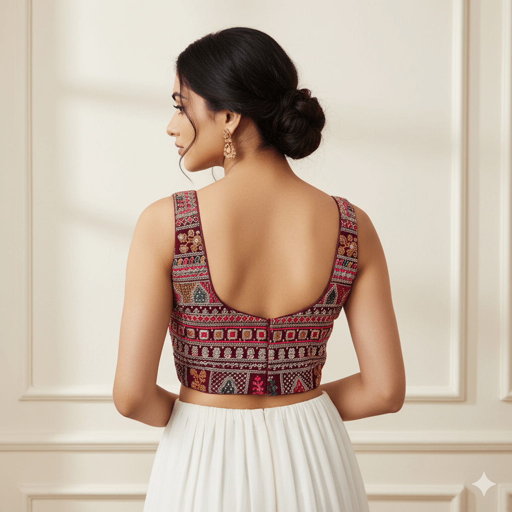 Wine Georgette Blouse with All - Over Rajasthani Embroidery | Sleeveless Elegance (Fits 32–40) - swadeshsouq.com