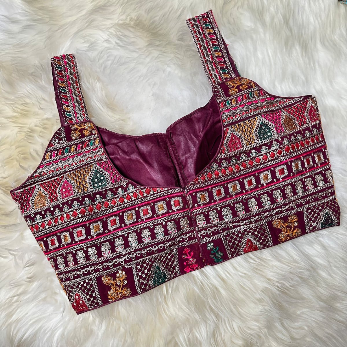 Wine Georgette Blouse with All - Over Rajasthani Embroidery | Sleeveless Elegance (Fits 32–40) - swadeshsouq.com