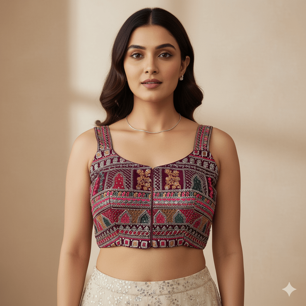 Wine Georgette Blouse with All - Over Rajasthani Embroidery | Sleeveless Elegance (Fits 32–40) - swadeshsouq.com