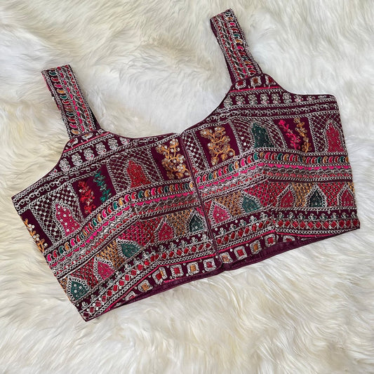 Wine Georgette Blouse with All - Over Rajasthani Embroidery | Sleeveless Elegance (Fits 32–40) - swadeshsouq.com