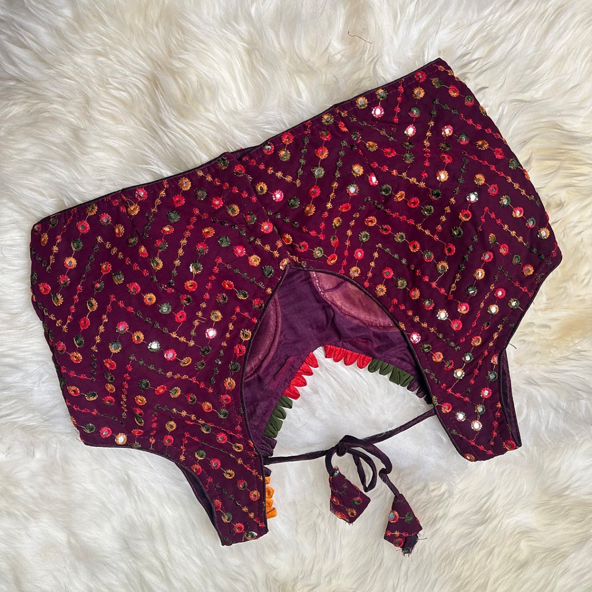 Wine Georgette Blouse with Multicolour Mirror Work (Size 32–36) - swadeshsouq.com