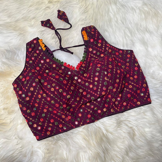 Wine Georgette Blouse with Multicolour Mirror Work (Size 32–36) - swadeshsouq.com