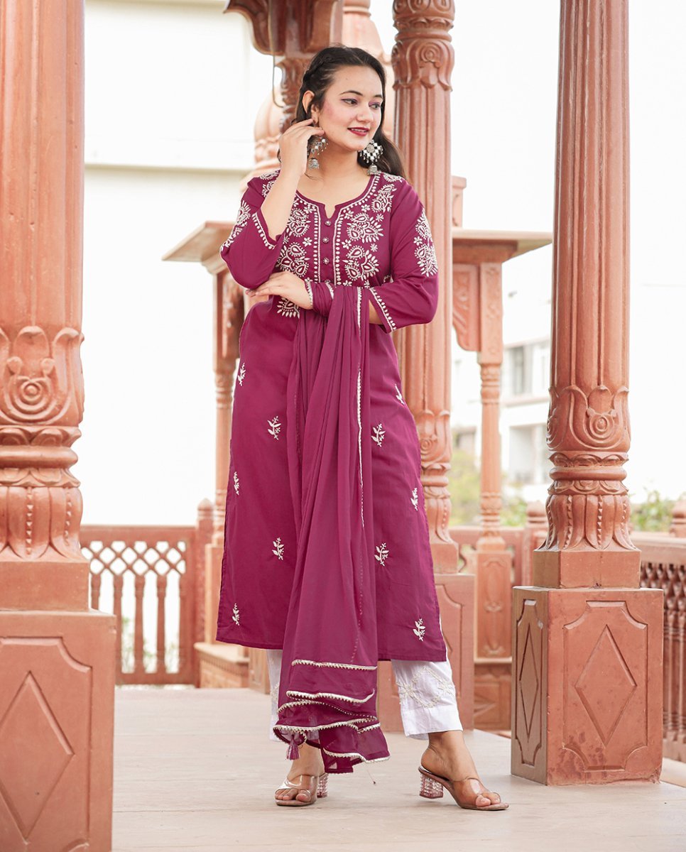 Wine Red Lucknowi Chikankari Cotton Kurta Set with Dupatta - swadeshsouq.com